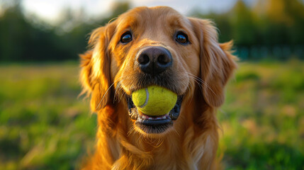 Closeup of a golden retriever carrying a tennis ball on his mouth, wanting to play