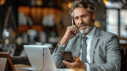 Confident businessman having a phone call while working on laptop in a cafe.