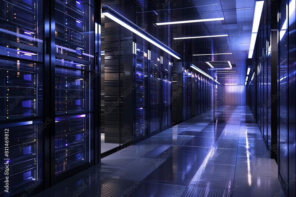 Poster a data center hallway filled with neatly aligned rows of servers, showcasing the infrastructure supp