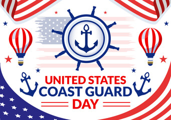 United States Coast Guard Day Vector Illustration on August 4 with American Waving Flag and Ship in National Holiday Flat Cartoon Background