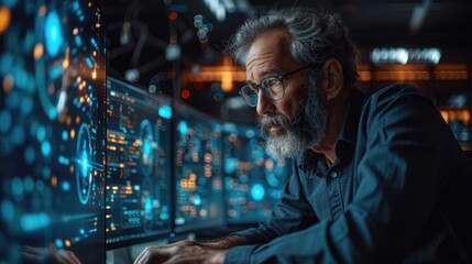Thoughtful senior scientist analyzing complex data on multiple computer screens in futuristic high-tech laboratory. - Powered by Adobe