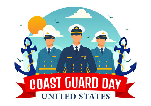United States Coast Guard Day Vector Illustration on August 4 with American Waving Flag and Ship in National Holiday Flat Cartoon Background