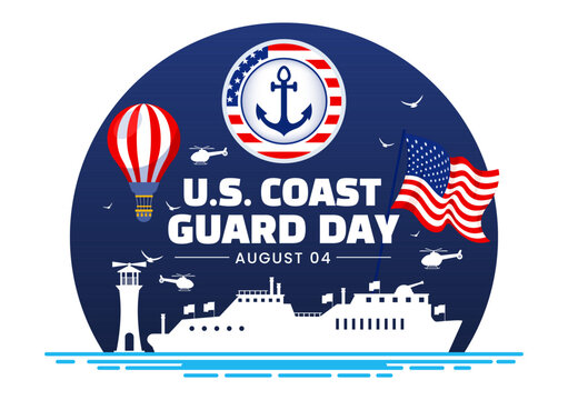 United States Coast Guard Day Vector Illustration on August 4 with American Waving Flag and Ship in National Holiday Flat Cartoon Background