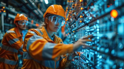 Two female engineers in hardhats and safety glasses work on a project in a large industrial facility.