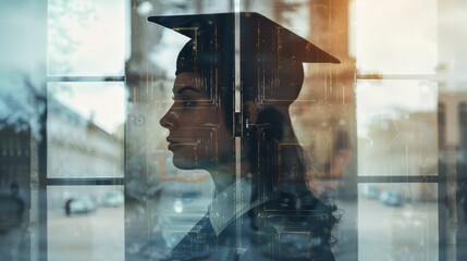 Double exposure of a graduate and an open door suggesting opportunities ahead