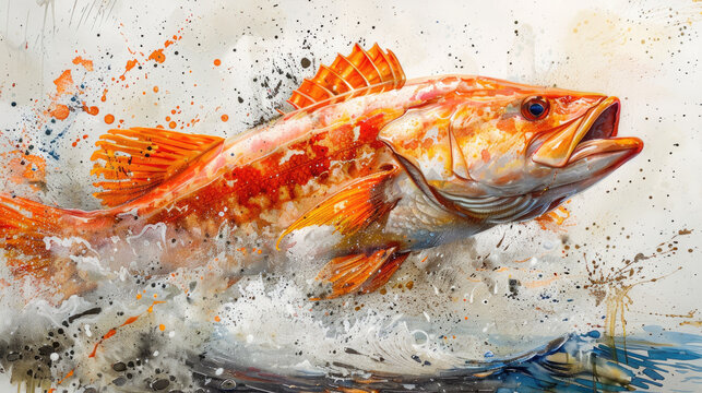 Vibrant grouper fish painting with open mouth perfect for seafood restaurant menus, aquatic educational materials, or marinethemed design projects.