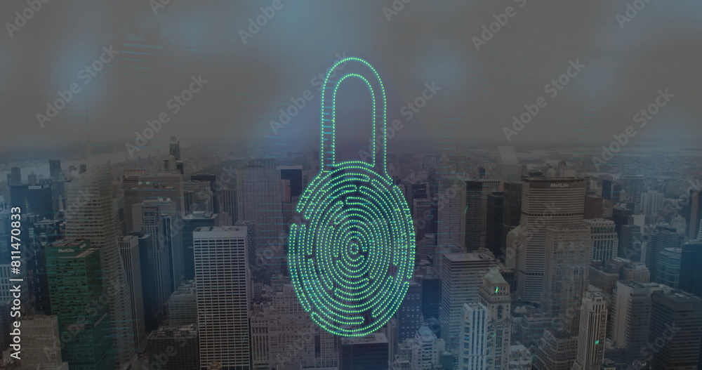Poster image of digital padlock with biometrics pattern over aerial view of cityscape against sky