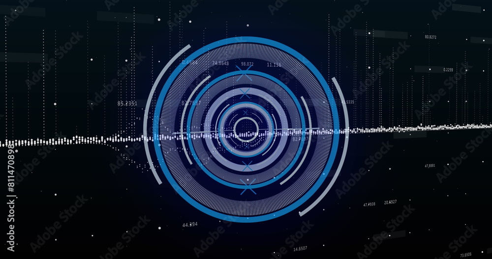 Poster image of neon round scanner over data processing against black background