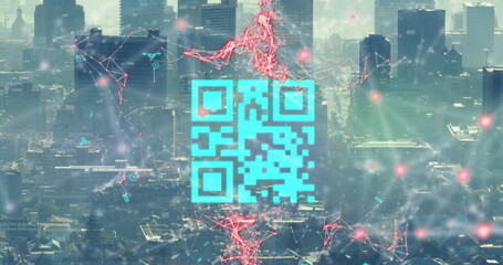 Image of digital qr code with graphical interface loop over modern skyscrapers in city