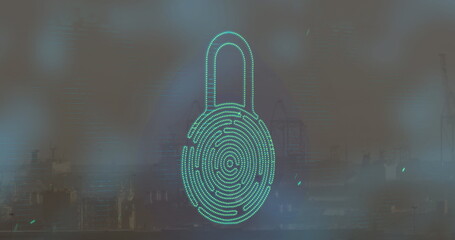 Image of lights and digital padlock, floating over cityscape