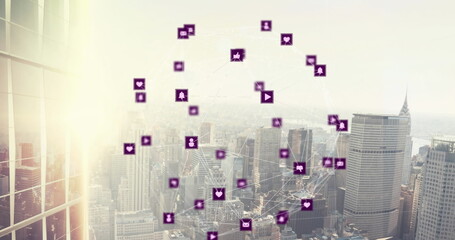Image of network of connections with icons over cityscape