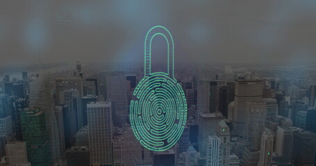Image of digital padlock with biometrics pattern over aerial view of cityscape against sky