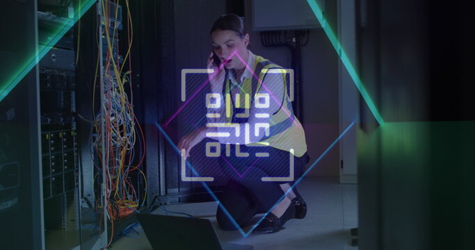 Image of digital data processing and qr code over caucasian female server room worker
