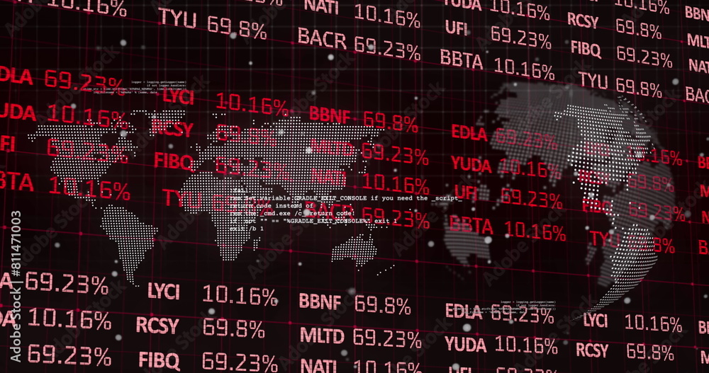 Poster image of stock market data processing over spinning globe and world map against black background
