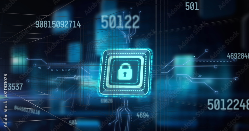 Poster image of online security padlock icon with numbers processing on blue background