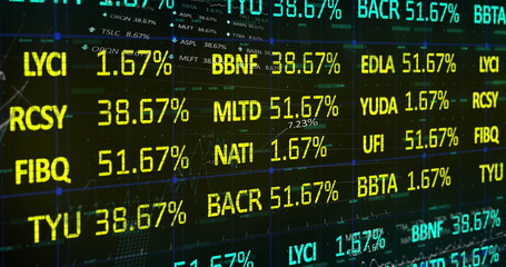 Image of stock market and statistical data processing against black background