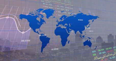 Image of stock market data processing over world map against aerial view of cityscape