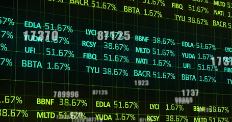 Image of financial data processing and numbers over grid