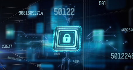 Fototapeta premium Image of online security padlock icon with numbers processing on blue background