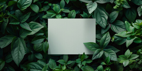 a blank white card on green leaves, generative AI