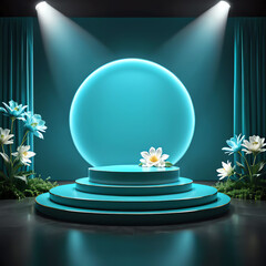 dark cyan stage podium showcase with white flower decoration and spot light