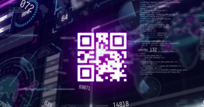 Image of qr code and data processing on black background