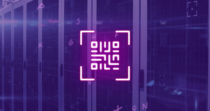 Image of qr code and letters over computer servers in background