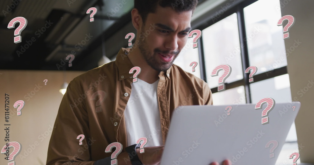 Poster image of icons over with laptop using delivery protective binary using laptop in warehouse