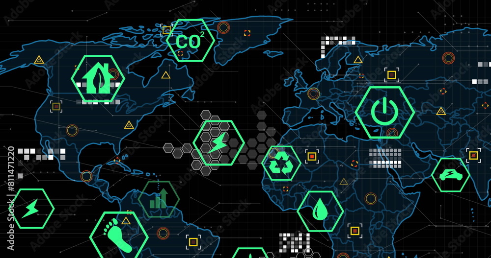 Poster image of multiple digital icons over world map and data processing against black background