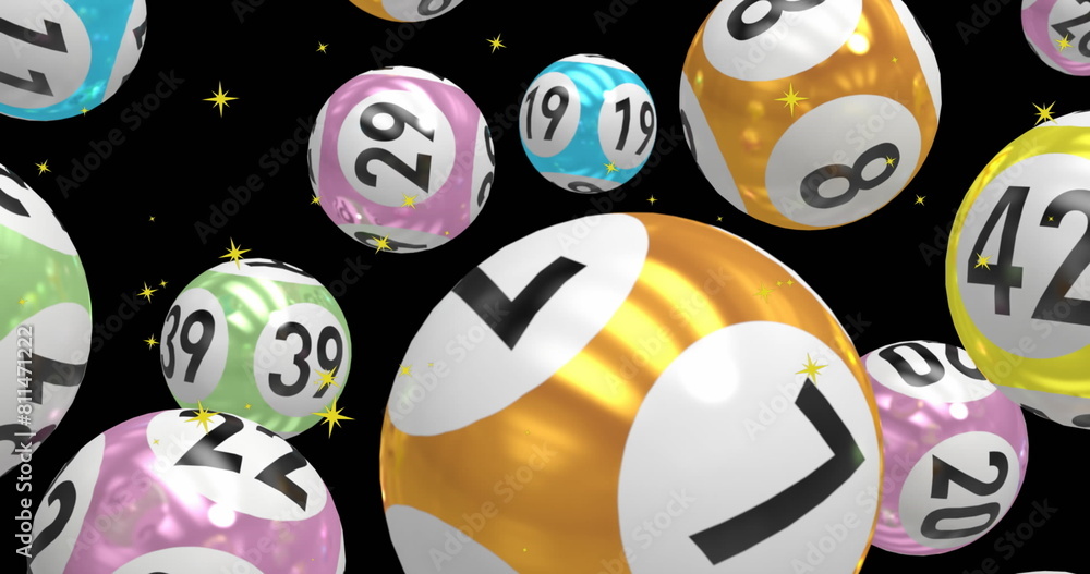 Poster image of golden star icons and pool balls with numbers floating against black background