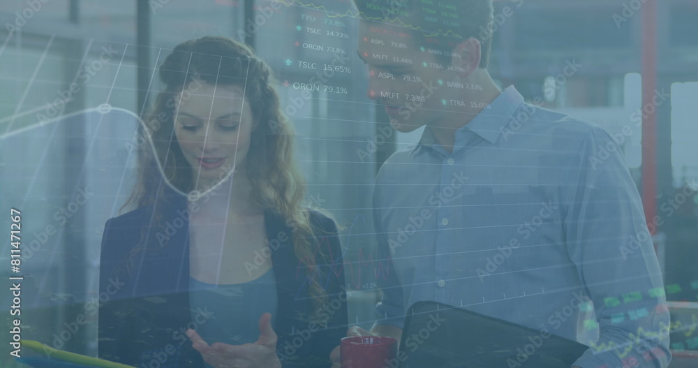 Poster image of stock market data processing against diverse colleagues discussing over documents