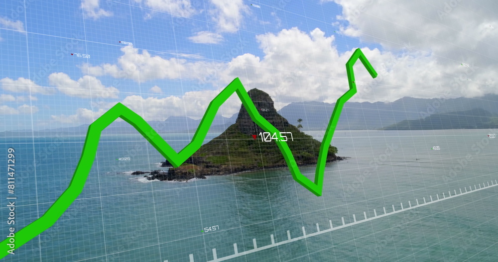 Poster image of financial data processing over landscape