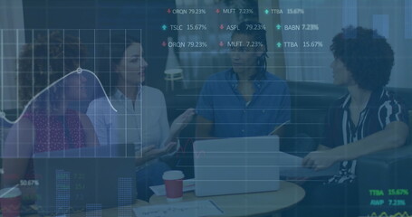 Image of stock market data processing over group of diverse colleagues discussing at office