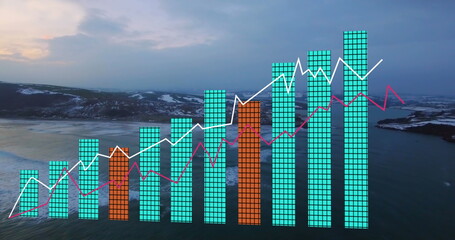 Image of financial data processing over landscape