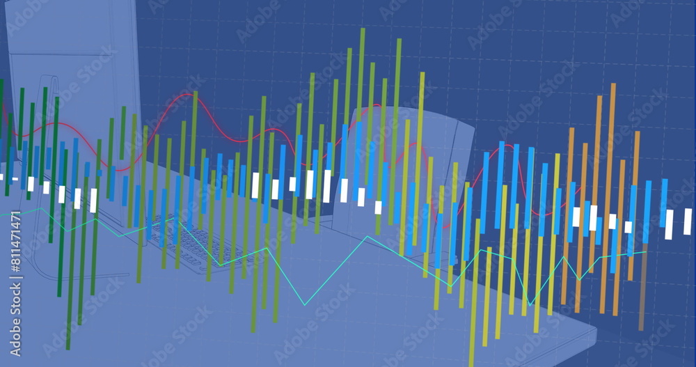 Poster image of statistical data processing against office desk sketch on blue background