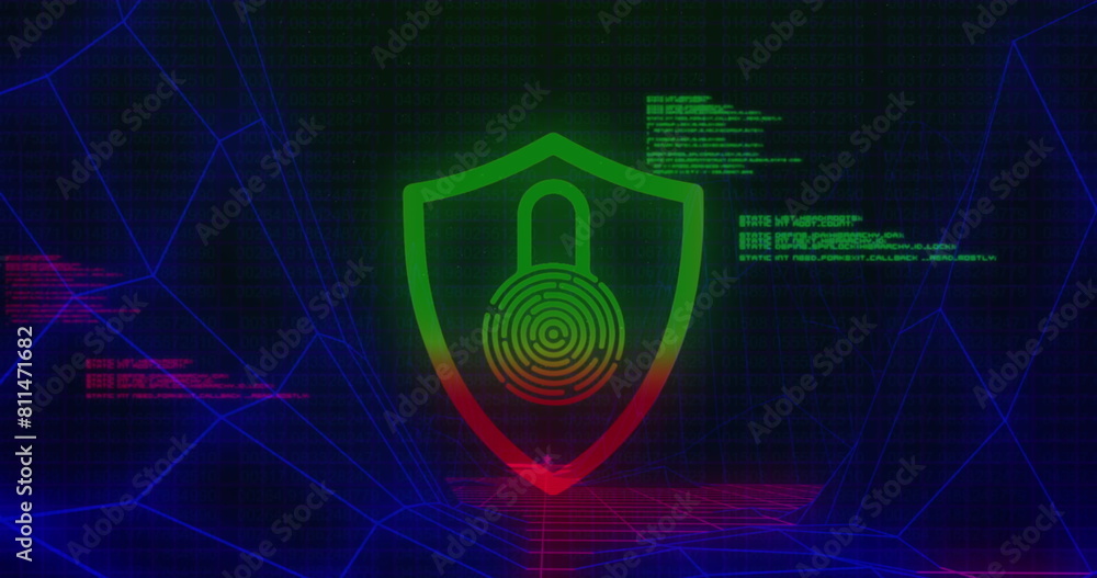 Poster image of green grid and particles forming dna helix over processing green data on brown screen