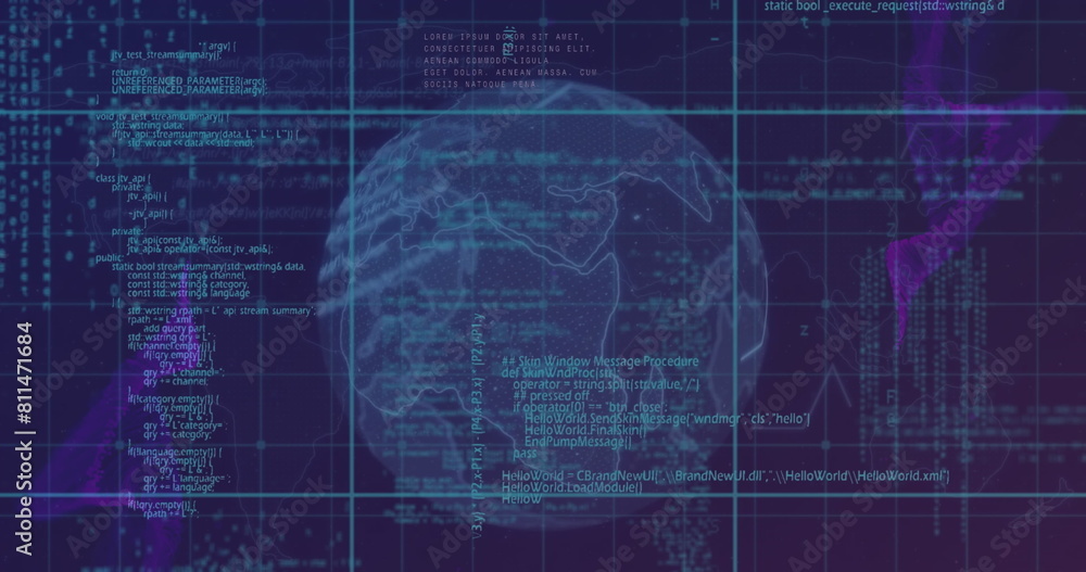 Poster image of computer language over lines around globe against abstract background