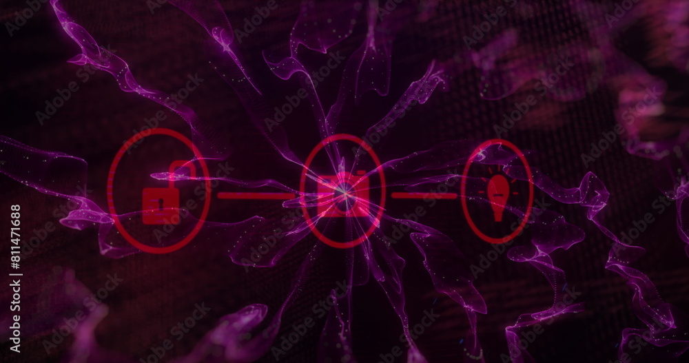Poster image of connected icons over abstract pattern against computer language on black background