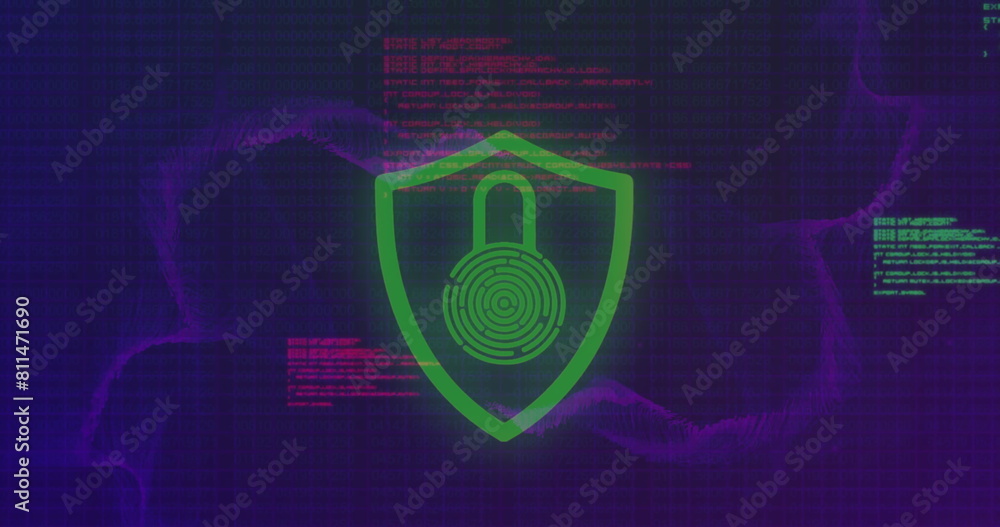 Poster image of fingerprint padlock in shield over computer language against abstract background