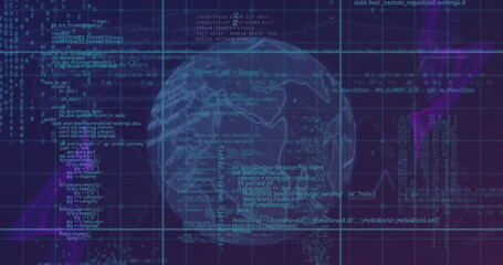 Image of computer language over lines around globe against abstract background