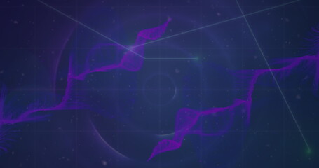 Image of wave patterns over dots moving and forming lines against abstract background