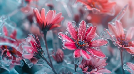 A captivating macro shot capturing the beauty of frozen pink and red flowers trapped in ice, their vibrant colors contrasting against the transparent crystalline surface
