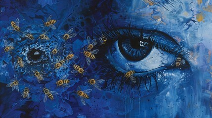 A captivating painting showcasing bees and a visionary eye against a backdrop of deep blue hues, capturing the essence of creativity and inspiration in a visually compelling manner
