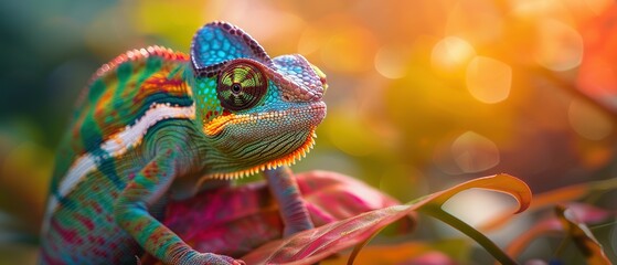 Witness the Chameleon's Mesmerizing Transformation as it Seamlessly Blends into a Vibrant Rainbow Backdrop, Embracing the Beauty and Resilience of Life in Ever-Changing Environments