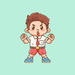 Cute boy Indonesian student elementary school cheer shout kawaii chibi character mascot illustration