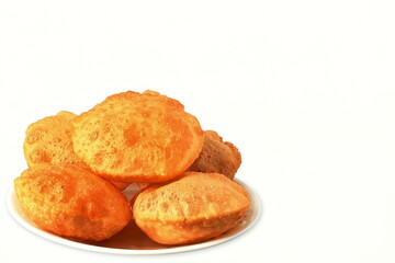  traditional indian gujarati food deep fried bread puri or Poori,methi masala puri,jira mitha puri,rava puri,roti chapati, white background,top view,copy space