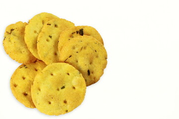  traditional indian gujarati food deep fried bread puri or Poori,methi masala puri,jira mitha puri,rava puri,roti chapati, white background,top view,copy space