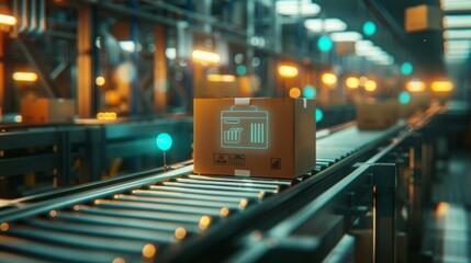 Online Order in Cardboard Box on Conveyor Belt in Warehouse, Enhanced with Blue Holographic E-commerce Symbols, Background of Blurred Moving Boxes in a High-Resolution, Hyper-Realistic Online Shopping