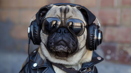 Pug wearing headphones
