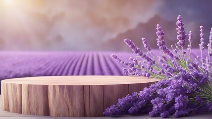 Lavender podium flower background purple product nature platform stand summer 3d table. Cosmetic podium lilac abstract field studio beauty flower spring lavender floral display plant backdrop crystal	